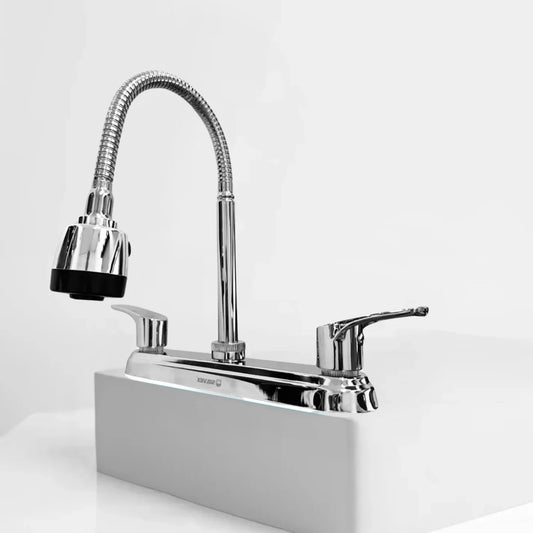 Grifería Lavaplatos Doble Manija con Manguera Flexible Tipo Chef – Acabado Cromado - Aqua center 