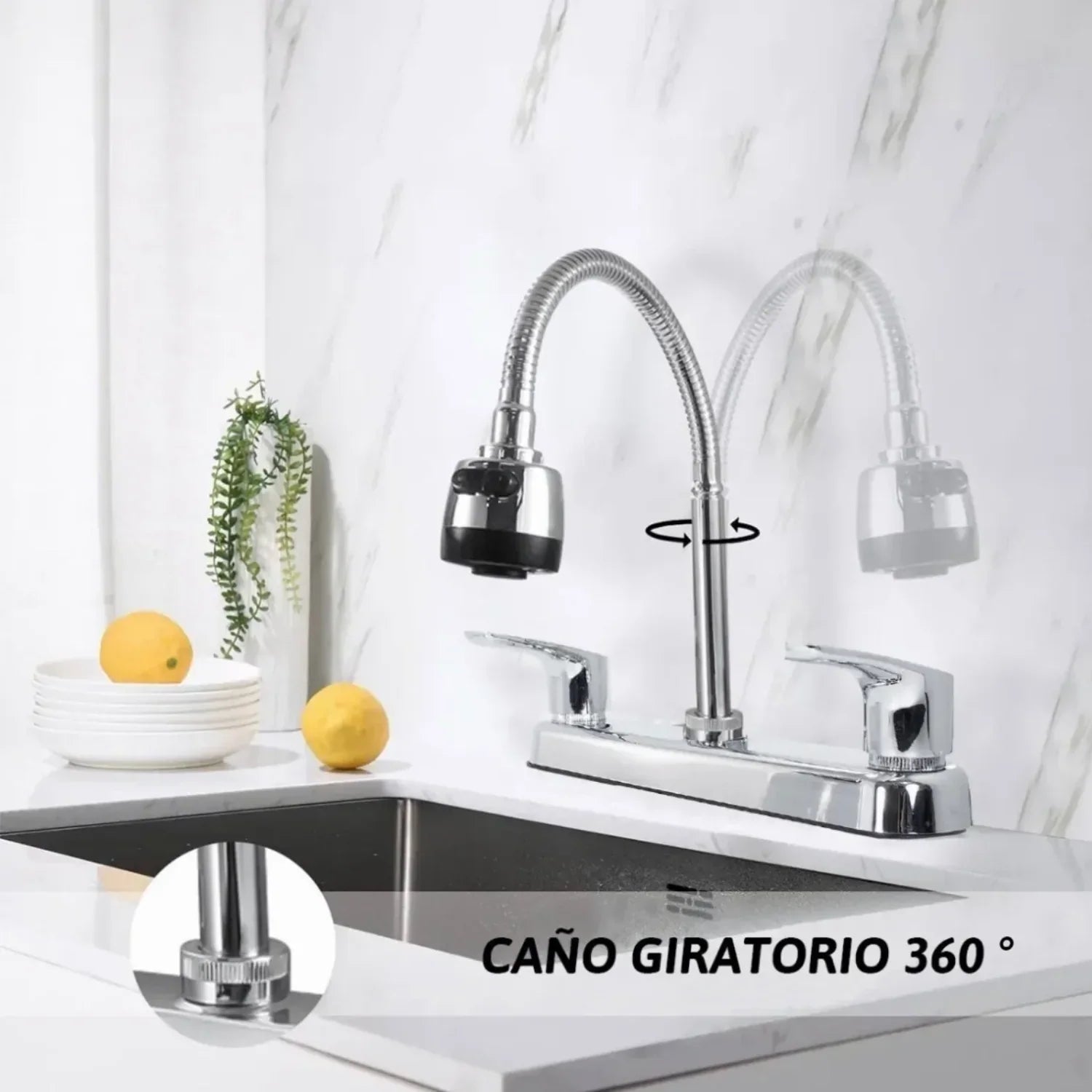 Grifería Lavaplatos Doble Manija con Manguera Flexible Tipo Chef – Acabado Cromado - Aqua center 