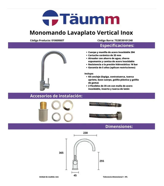 Griferia monocontrol Lavaplatos Vertical Inox